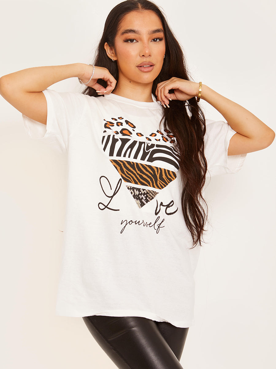 Love Yourself Multi Print Heart Graphic T-Shirt