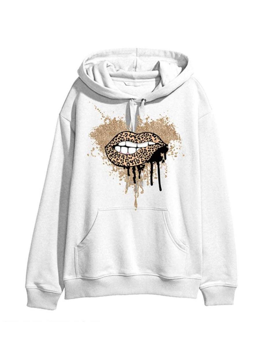 Glitter Leopard Lip Graphic Print Hoodie