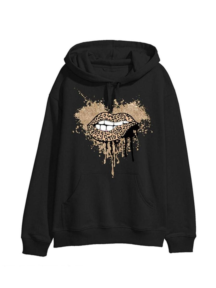 Glitter Leopard Lip Graphic Print Hoodie