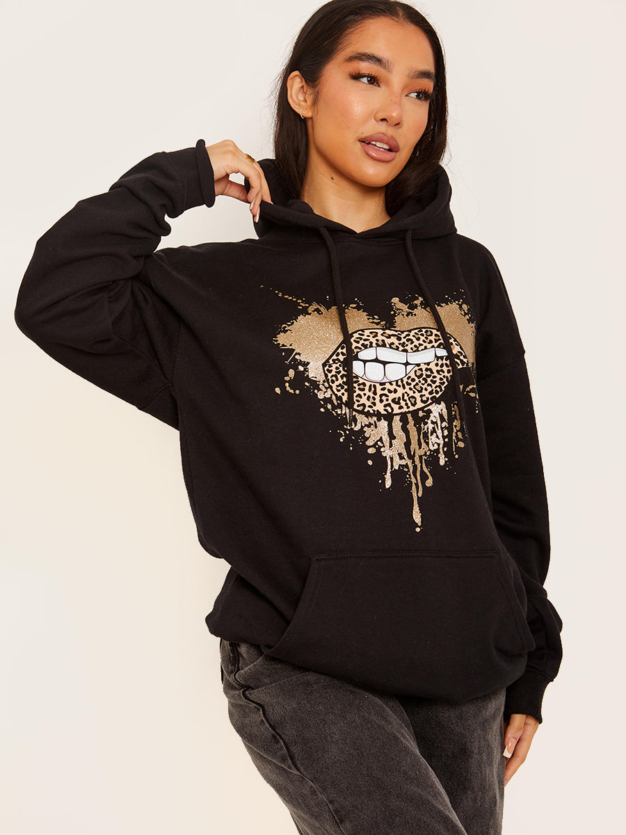 Glitter Leopard Lip Graphic Print Hoodie