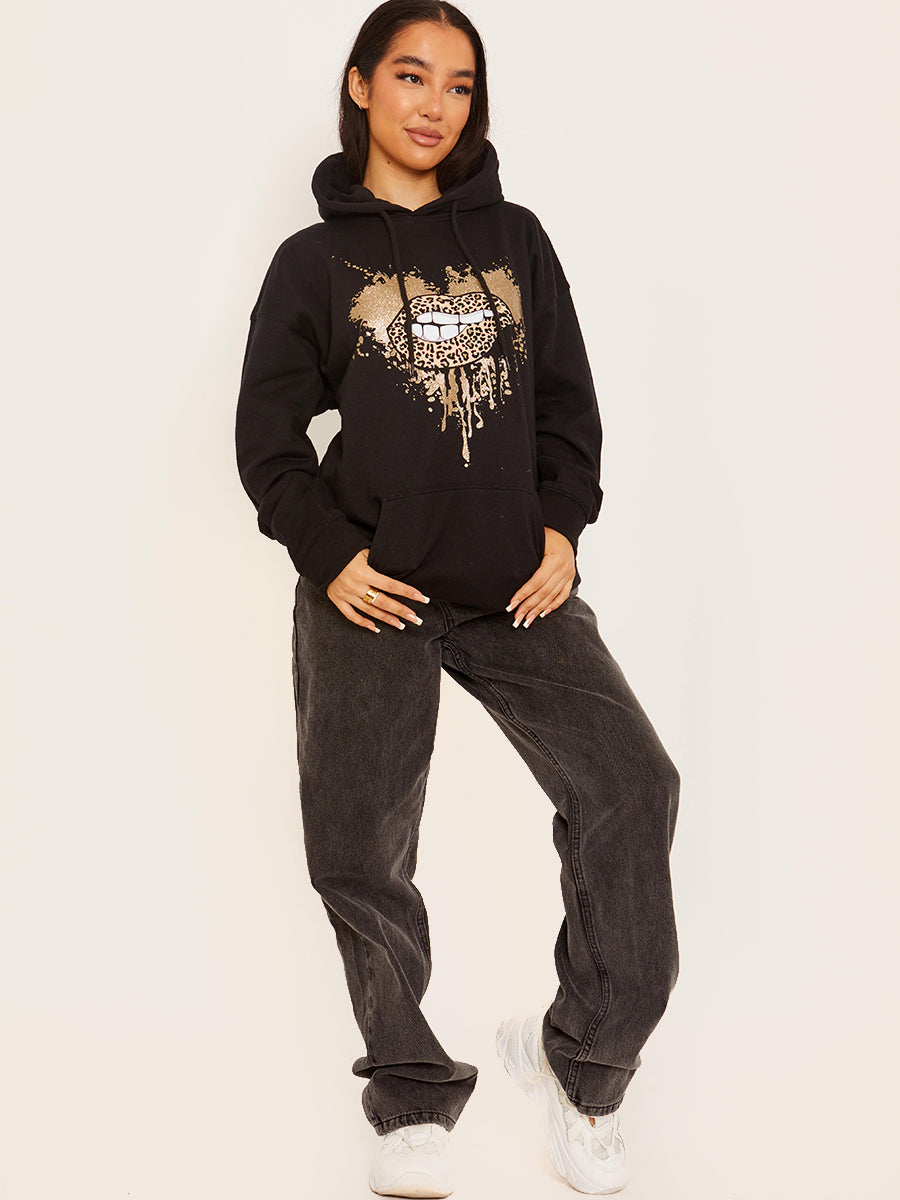 Glitter Leopard Lip Graphic Print Hoodie