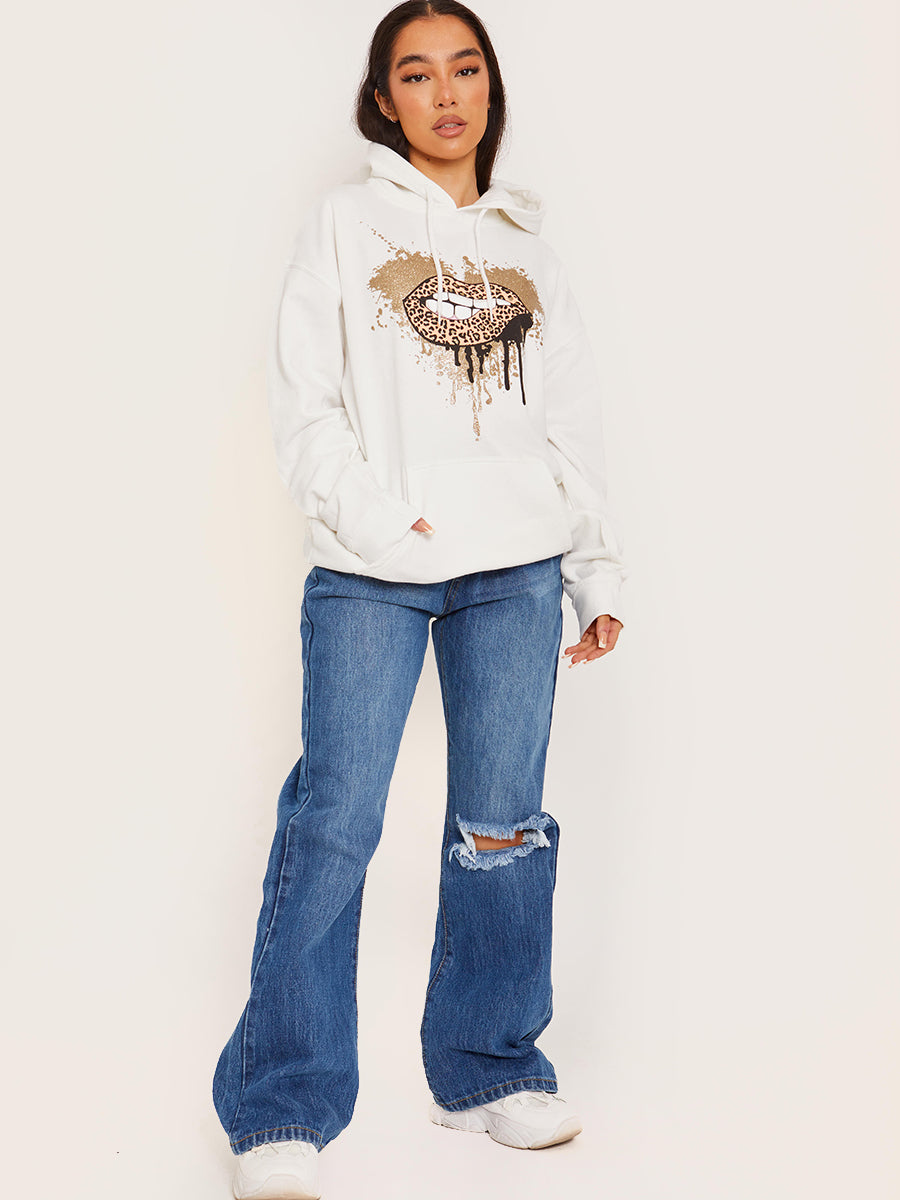 Glitter Leopard Lip Graphic Print Hoodie