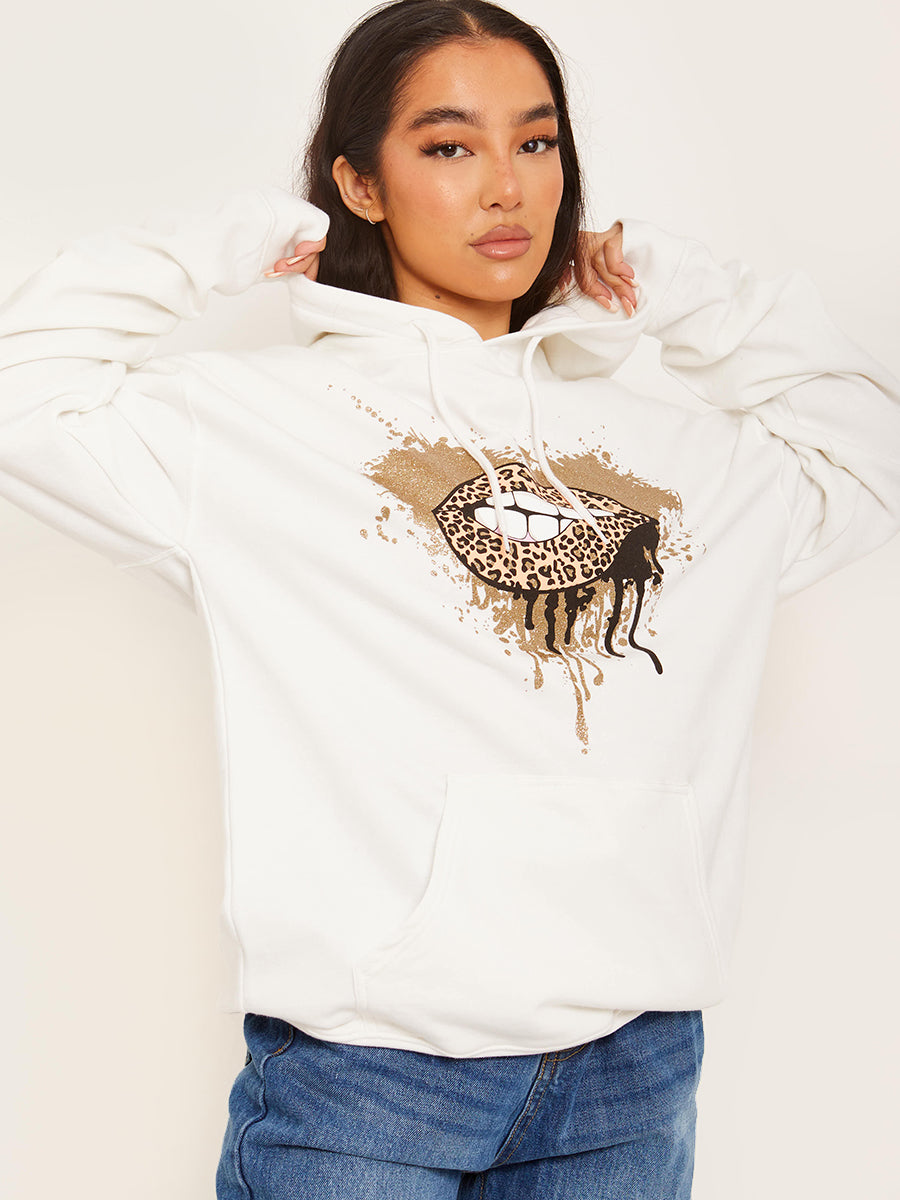 Glitter Leopard Lip Graphic Print Hoodie