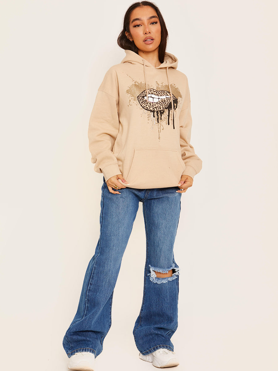 Glitter Leopard Lip Graphic Print Hoodie