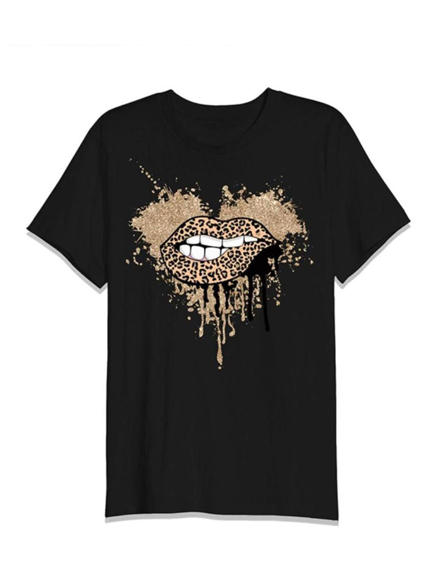 Glitter Leopard Lip Graphic Print T-Shirt