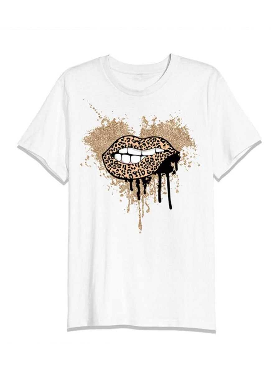 Glitter Leopard Lip Graphic Print T-Shirt