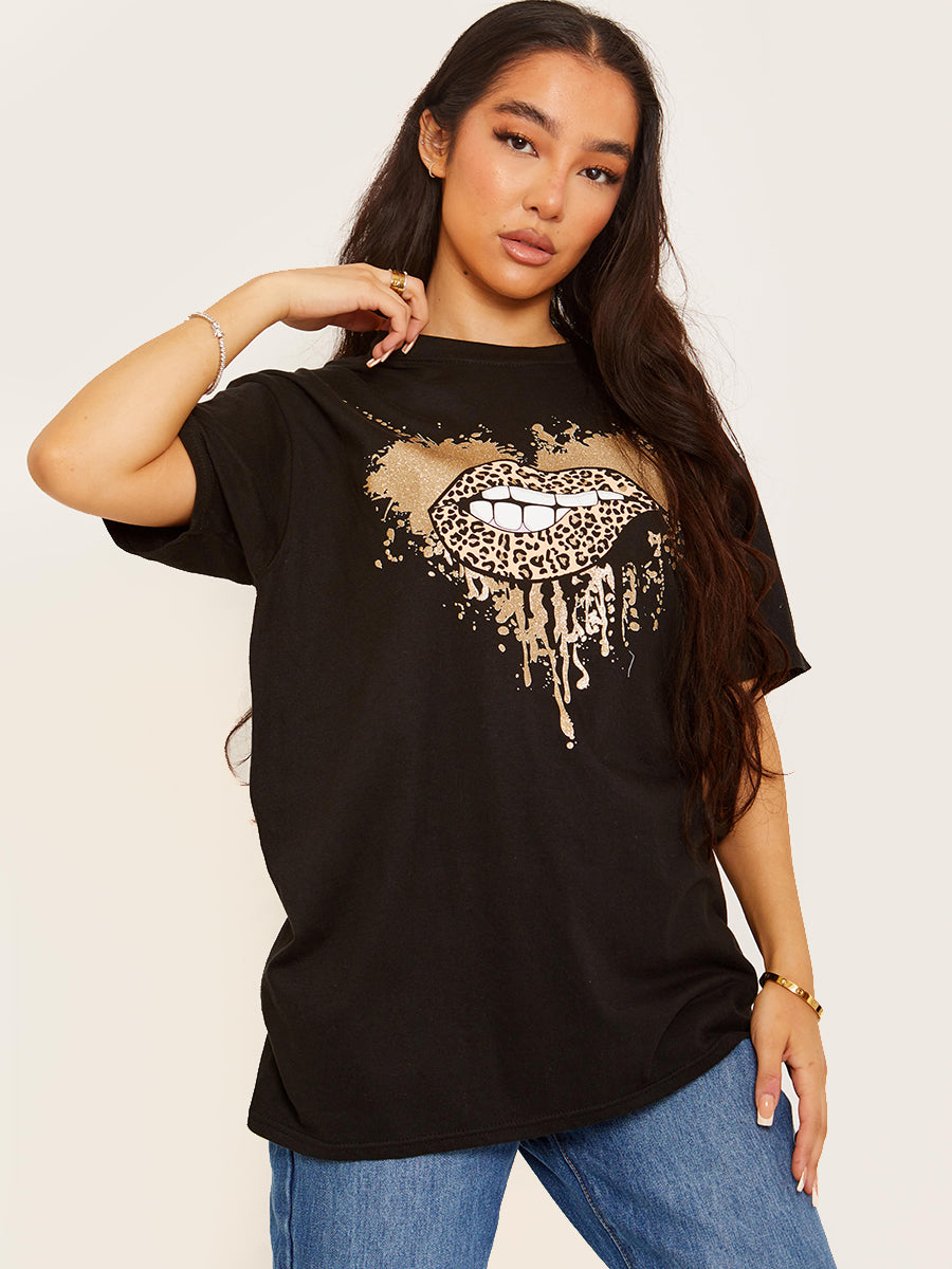 Glitter Leopard Lip Graphic Print T-Shirt