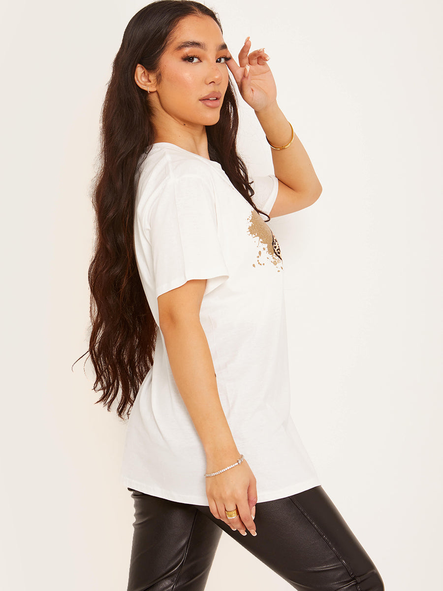 Glitter Leopard Lip Graphic Print T-Shirt