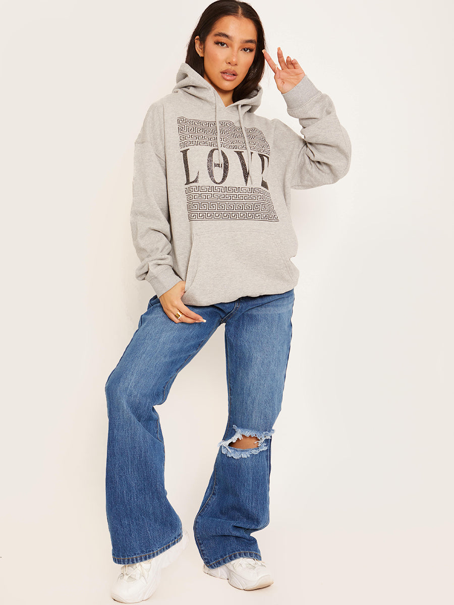 Greek Pattern Love Graphic Print Hoodie