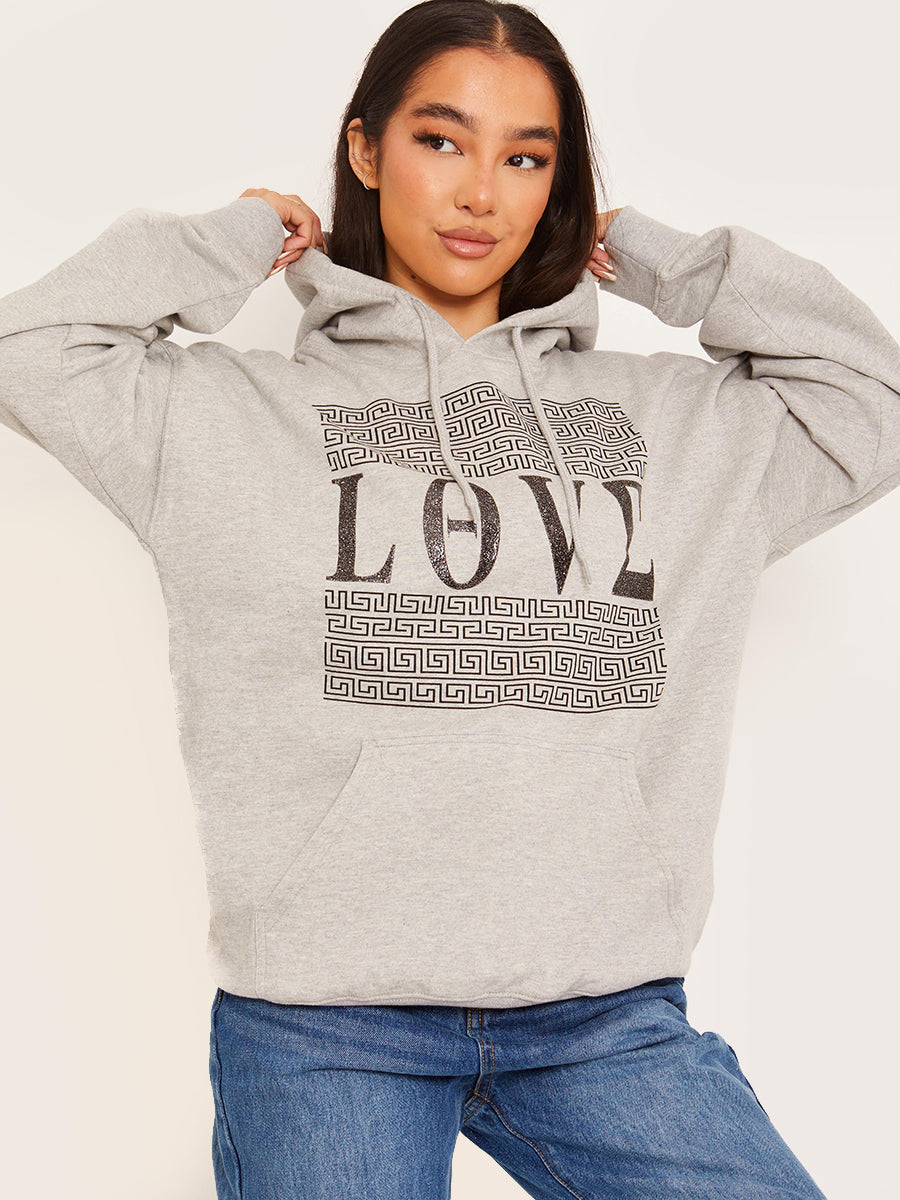 Greek Pattern Love Graphic Print Hoodie