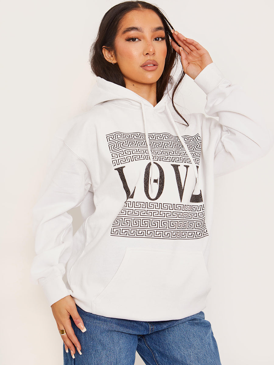 Greek Pattern Love Graphic Print Hoodie