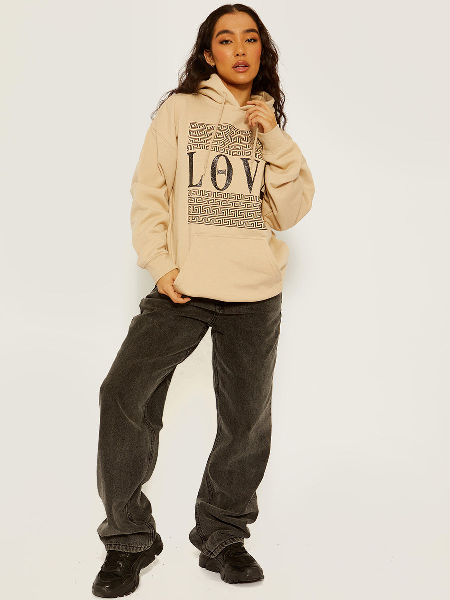 Greek Pattern Love Graphic Print Hoodie