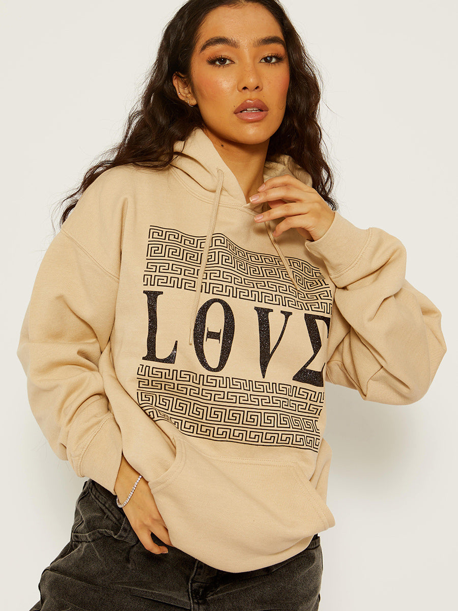Greek Pattern Love Graphic Print Hoodie