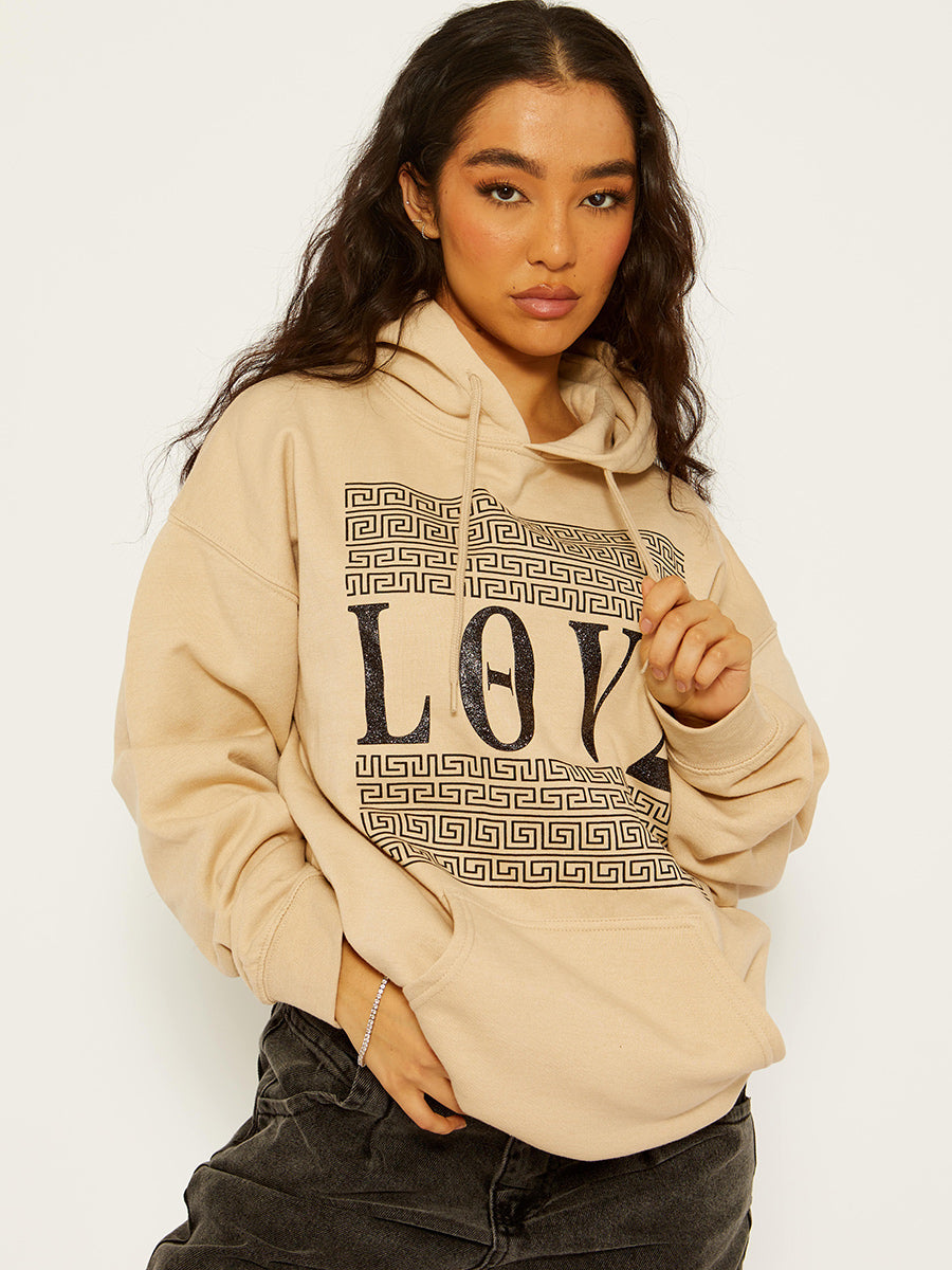Greek Pattern Love Graphic Print Hoodie