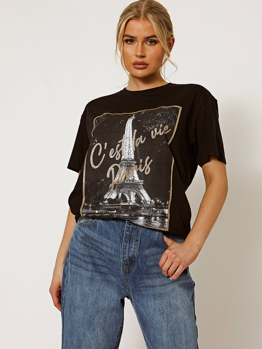 C'est La Vie Paris Glitter Detail T-Shirt