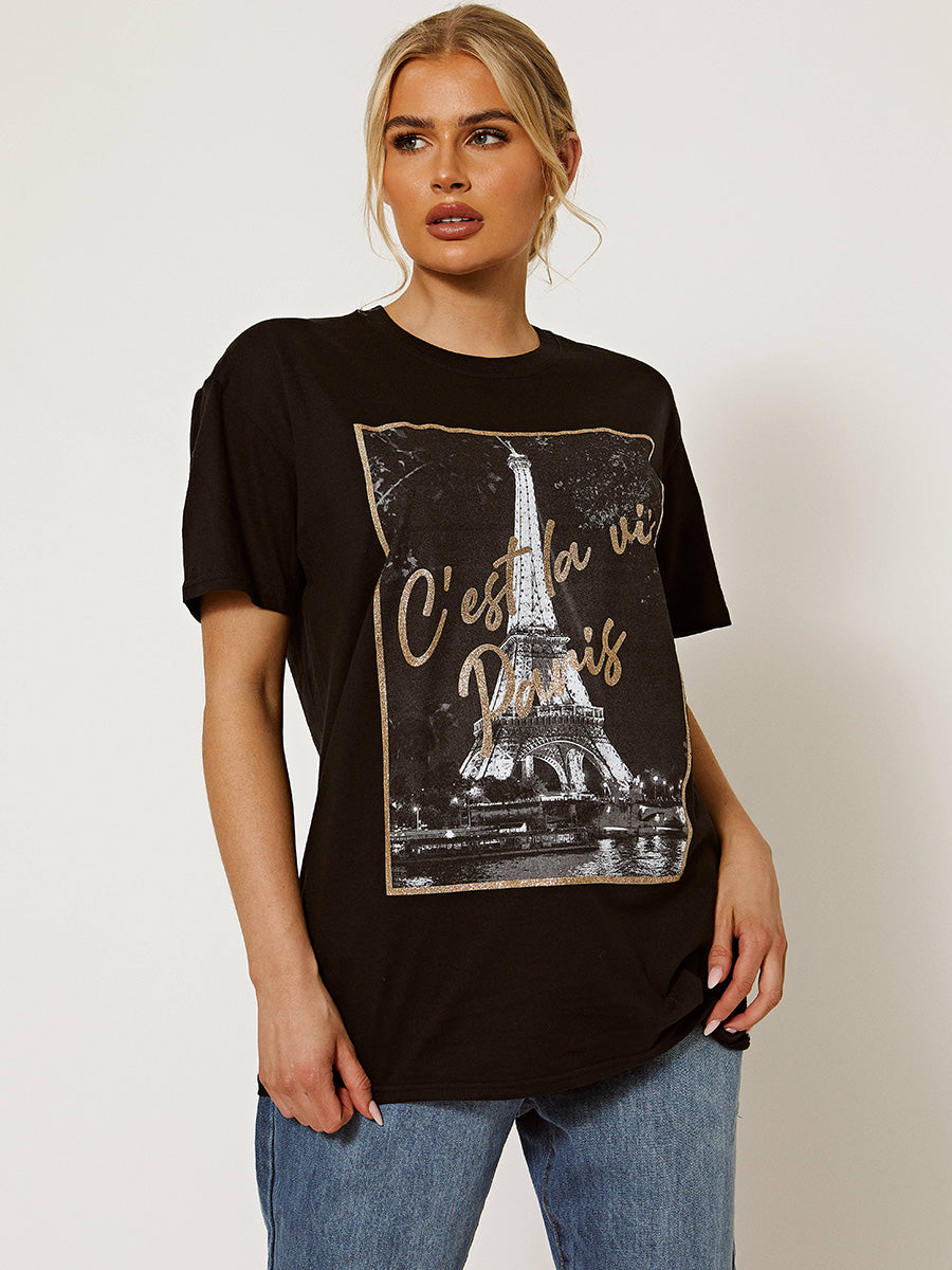 C'est La Vie Paris Glitter Detail T-Shirt