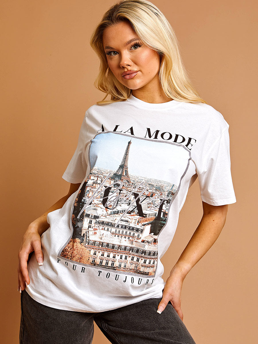 A La Mode Paris Graphic Glitter Detail T-Shirt