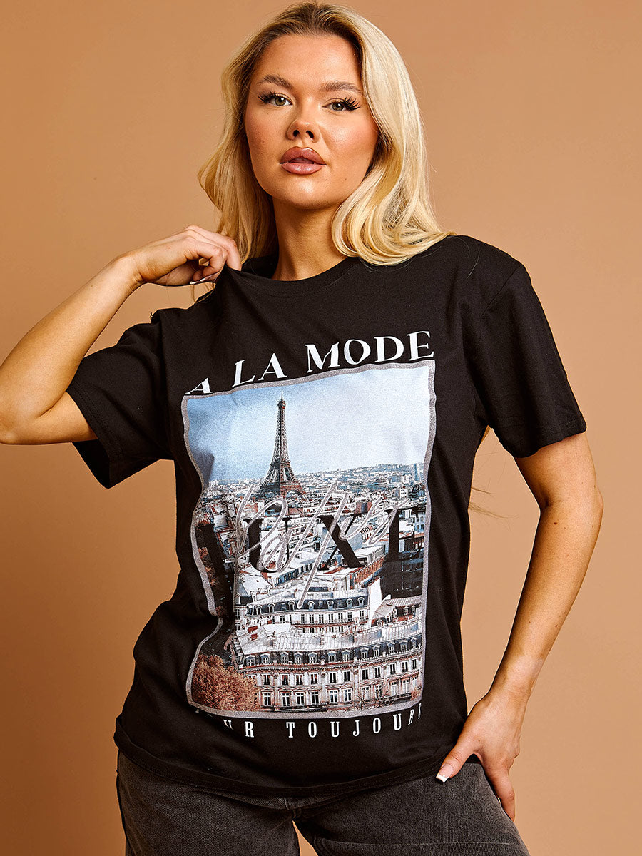A La Mode Paris Graphic Glitter Detail T-Shirt