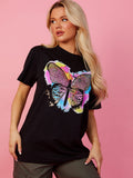 Colourful Butterfly Graphic Glitter Detail T-Shirt