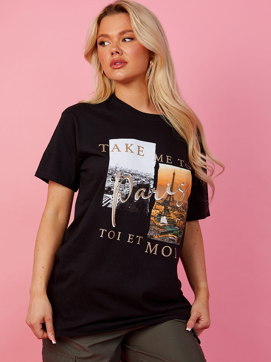 Take Me To Paris Graphic Glitter Detail T-Shirt