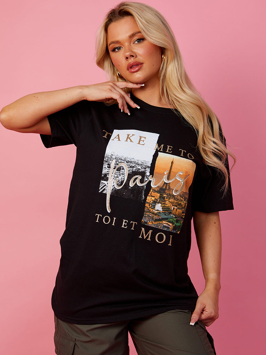 Take Me To Paris Graphic Glitter Detail T-Shirt
