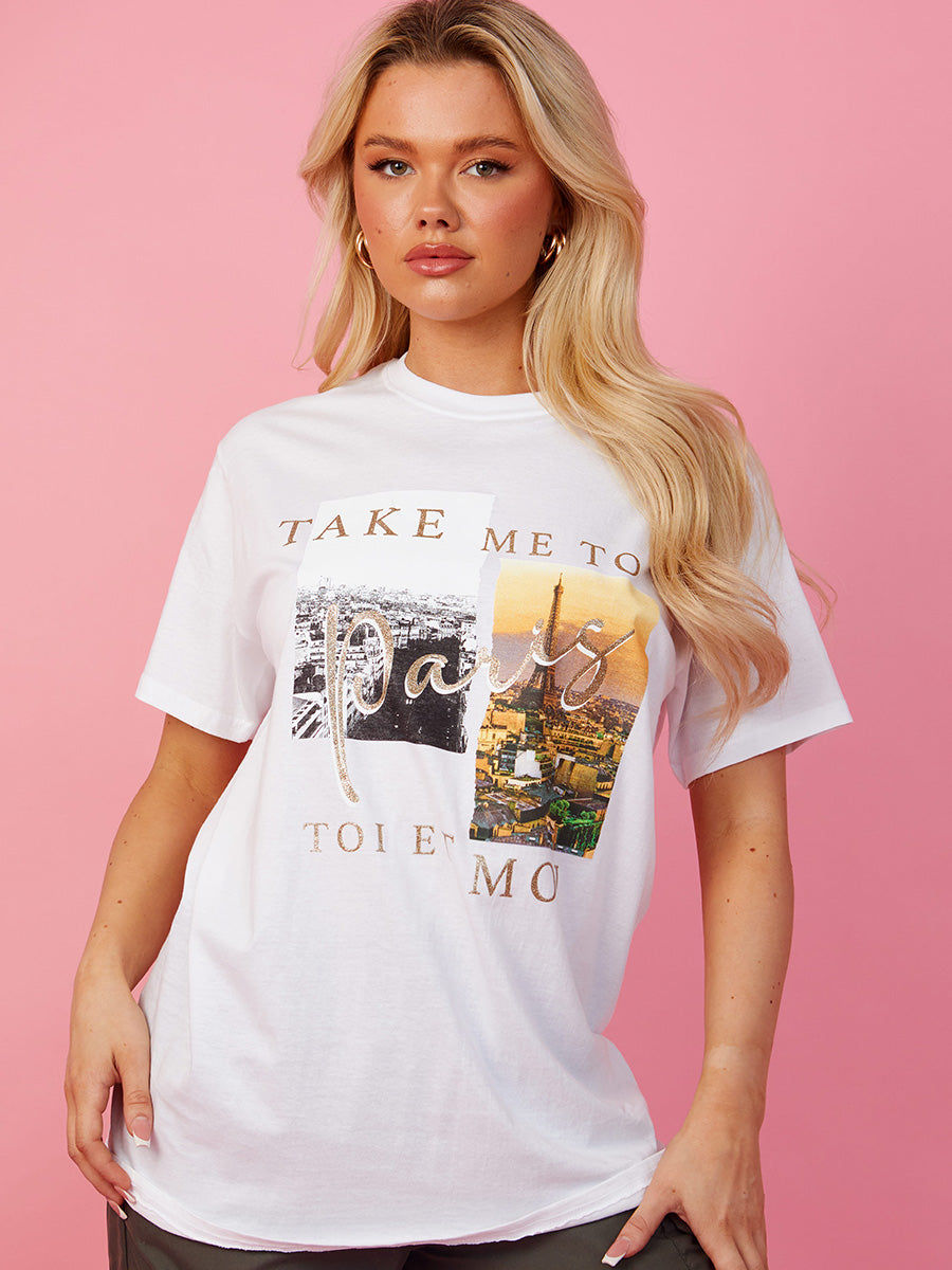 Take Me To Paris Graphic Glitter Detail T-Shirt