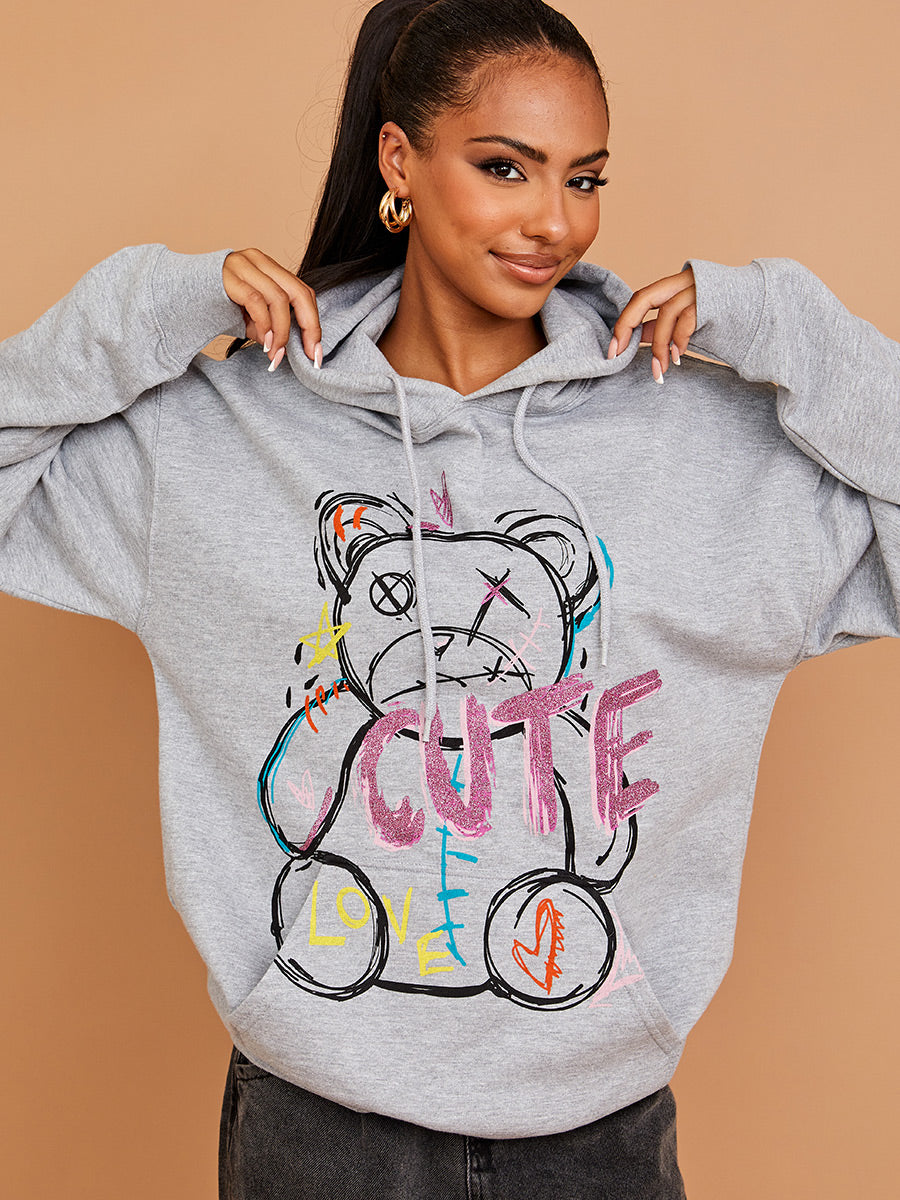 Cute Teddy Graphic Print Hoodie