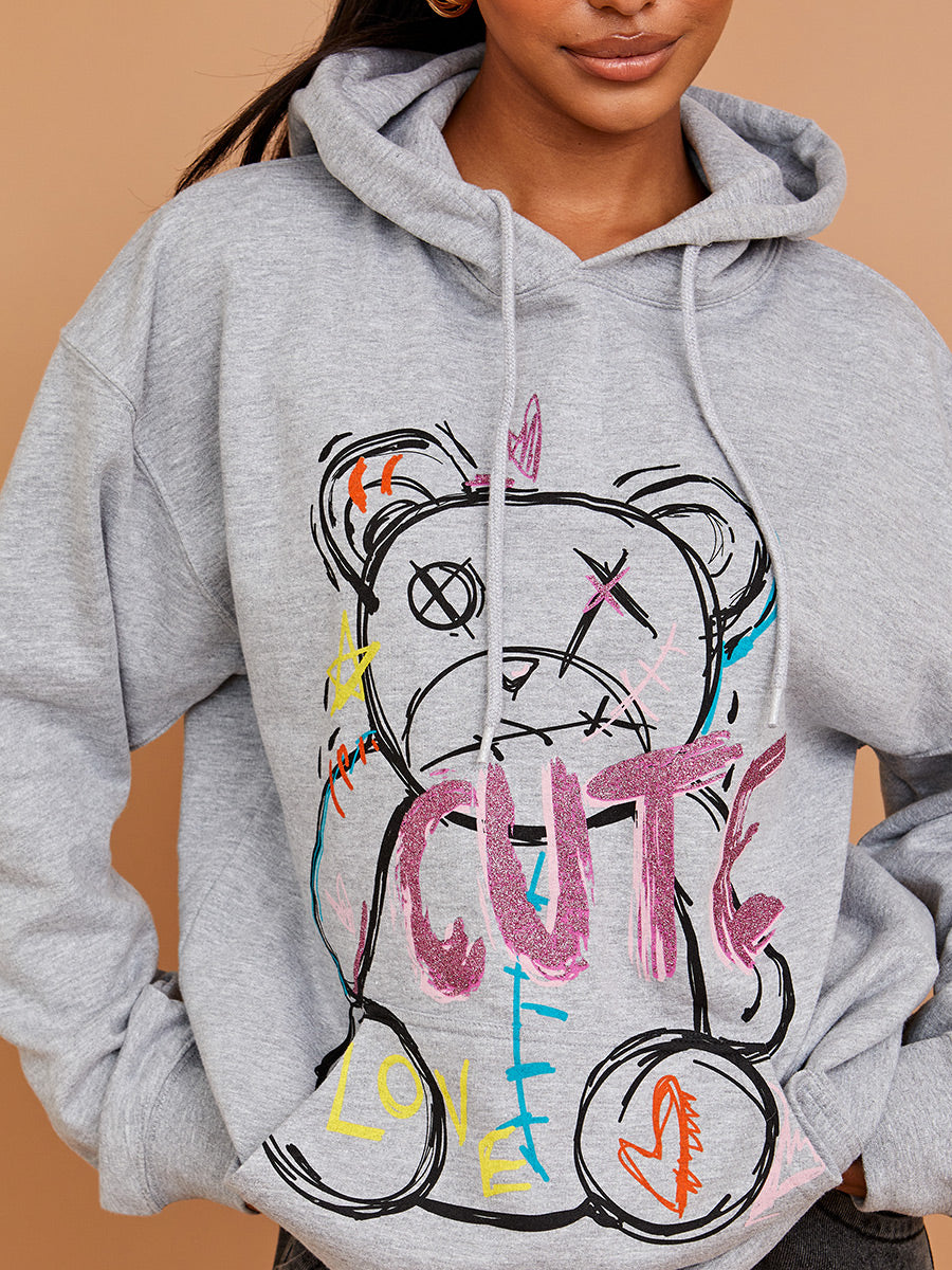 Cute Teddy Graphic Print Hoodie
