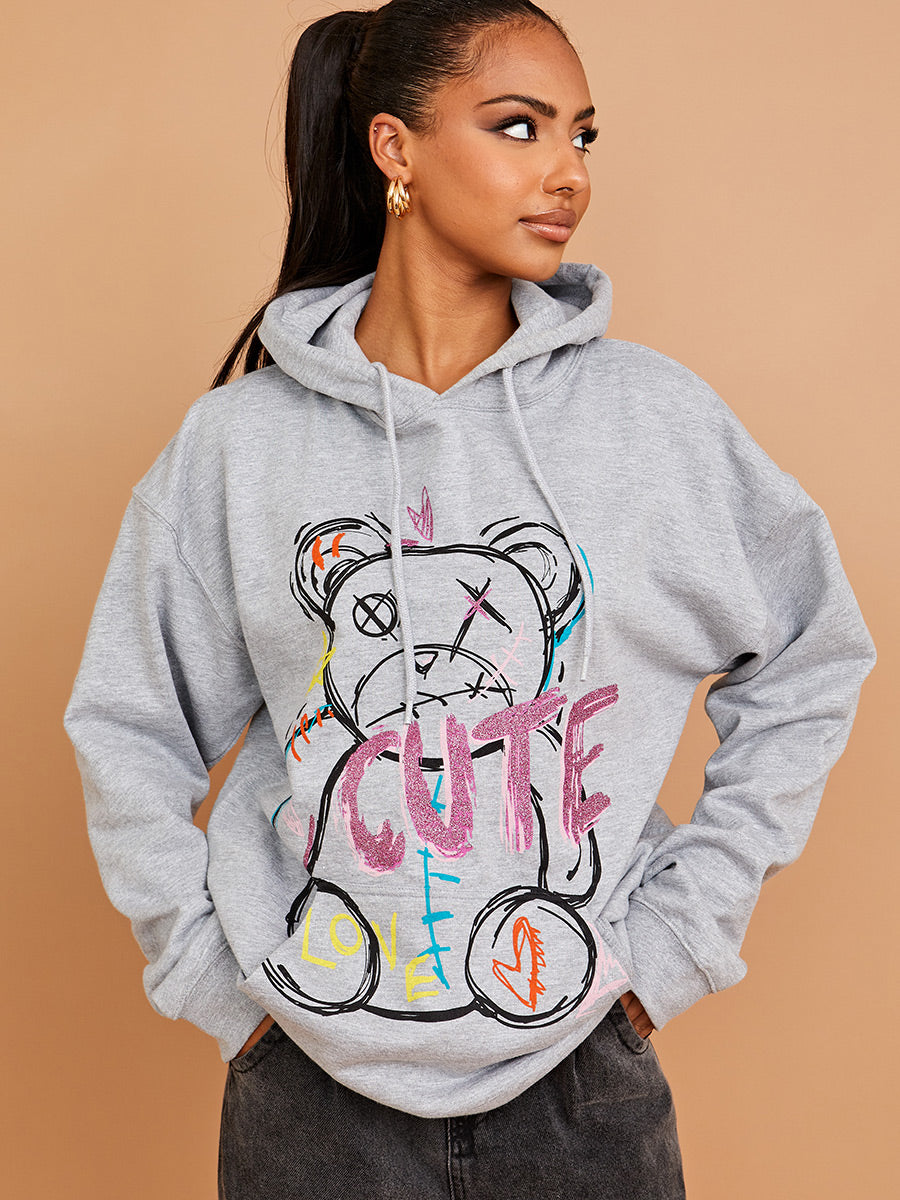 Cute Teddy Graphic Print Hoodie