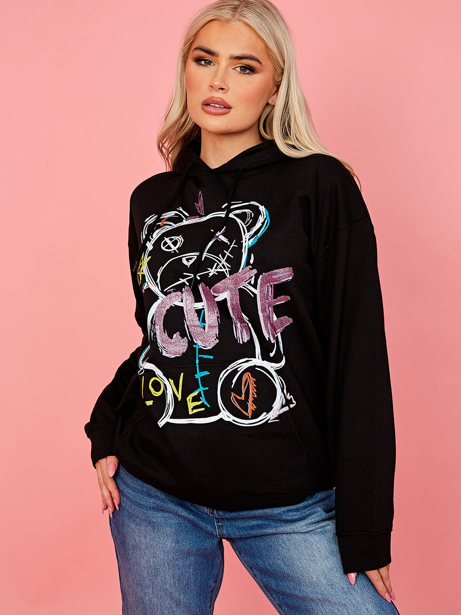 Cute Teddy Graphic Print Hoodie