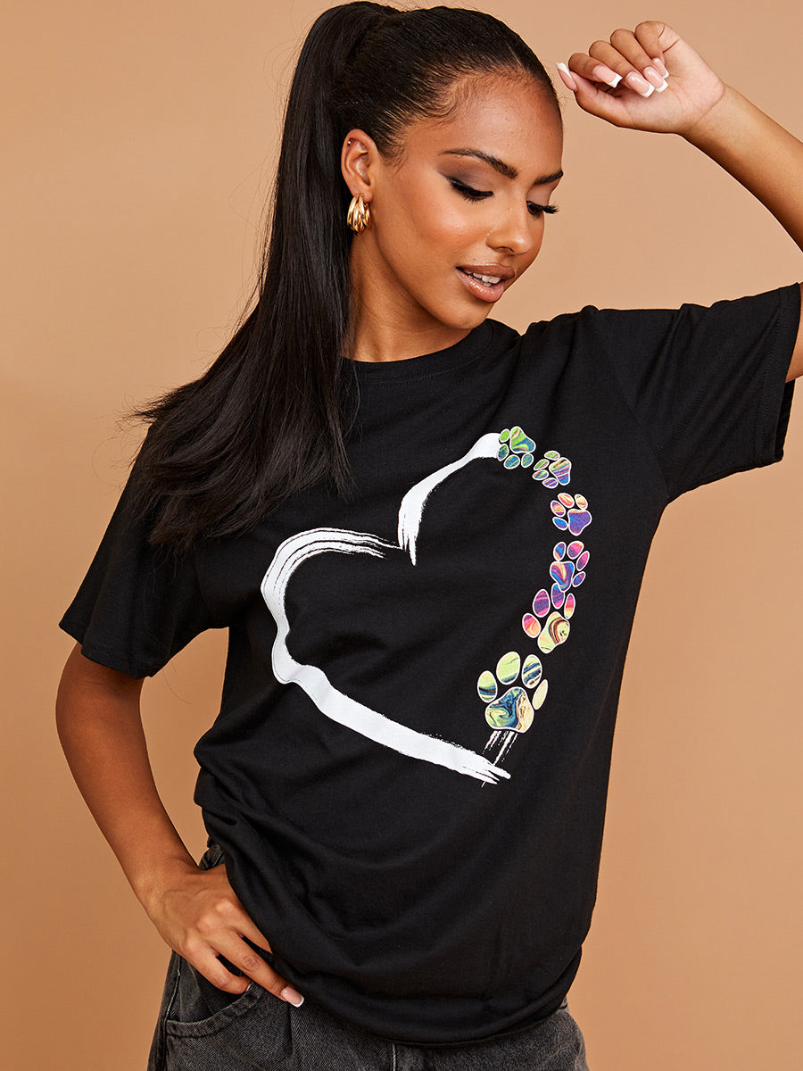 Paw Heart Graphic Printed T-Shirt