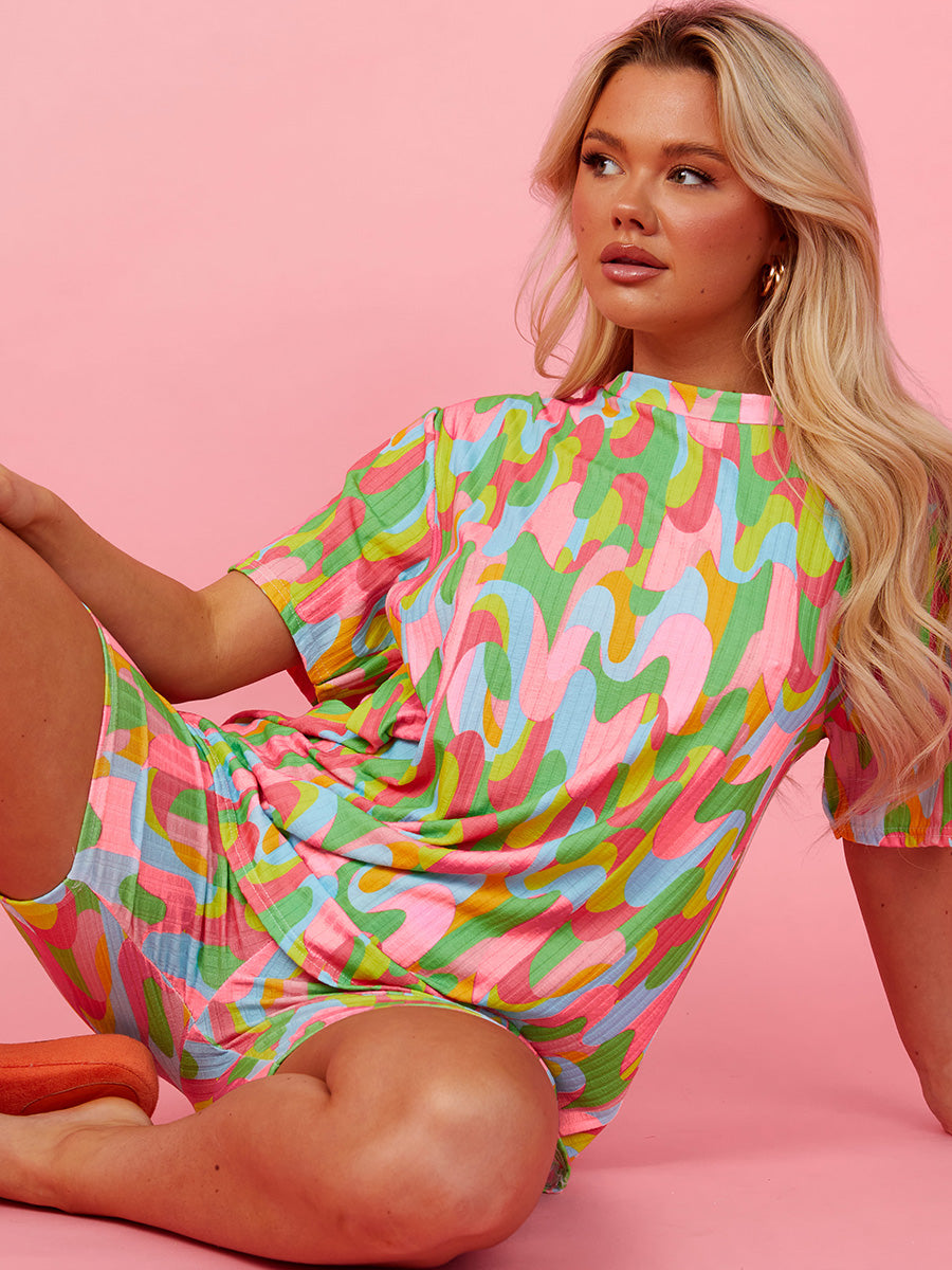 Colour Drip Printed Oversized Top & Shorts Co-ord