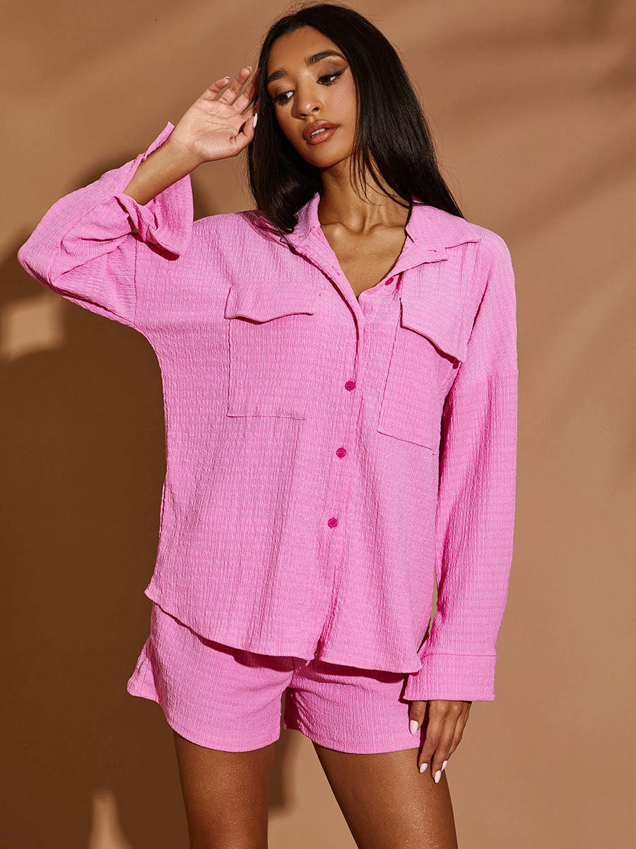 Textured Dual Pocket Blouse & Shorts Co-ord