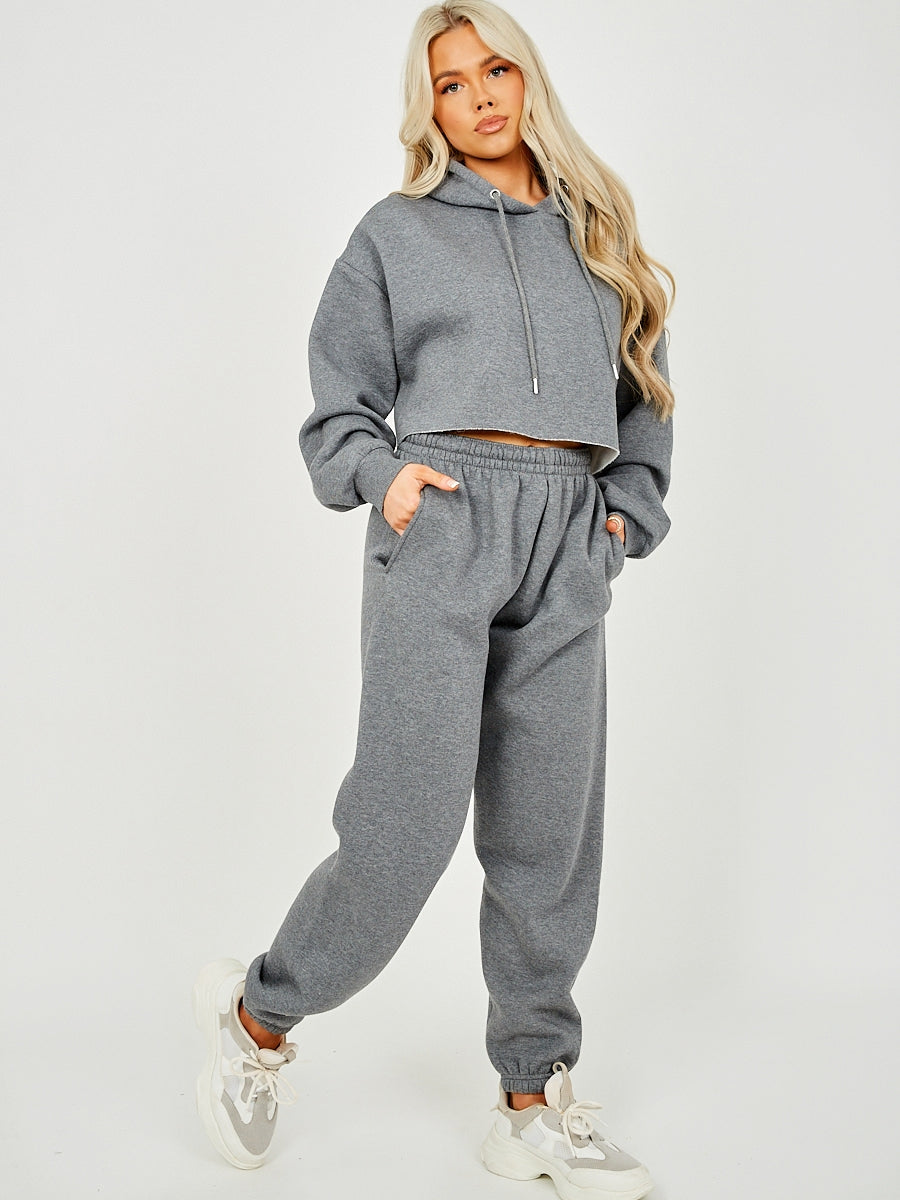Raw Hem Cropped Hoodie & Jogger Fleece Co-ord