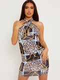 Leopard Chain Print Slinky Halter Ruched Dress