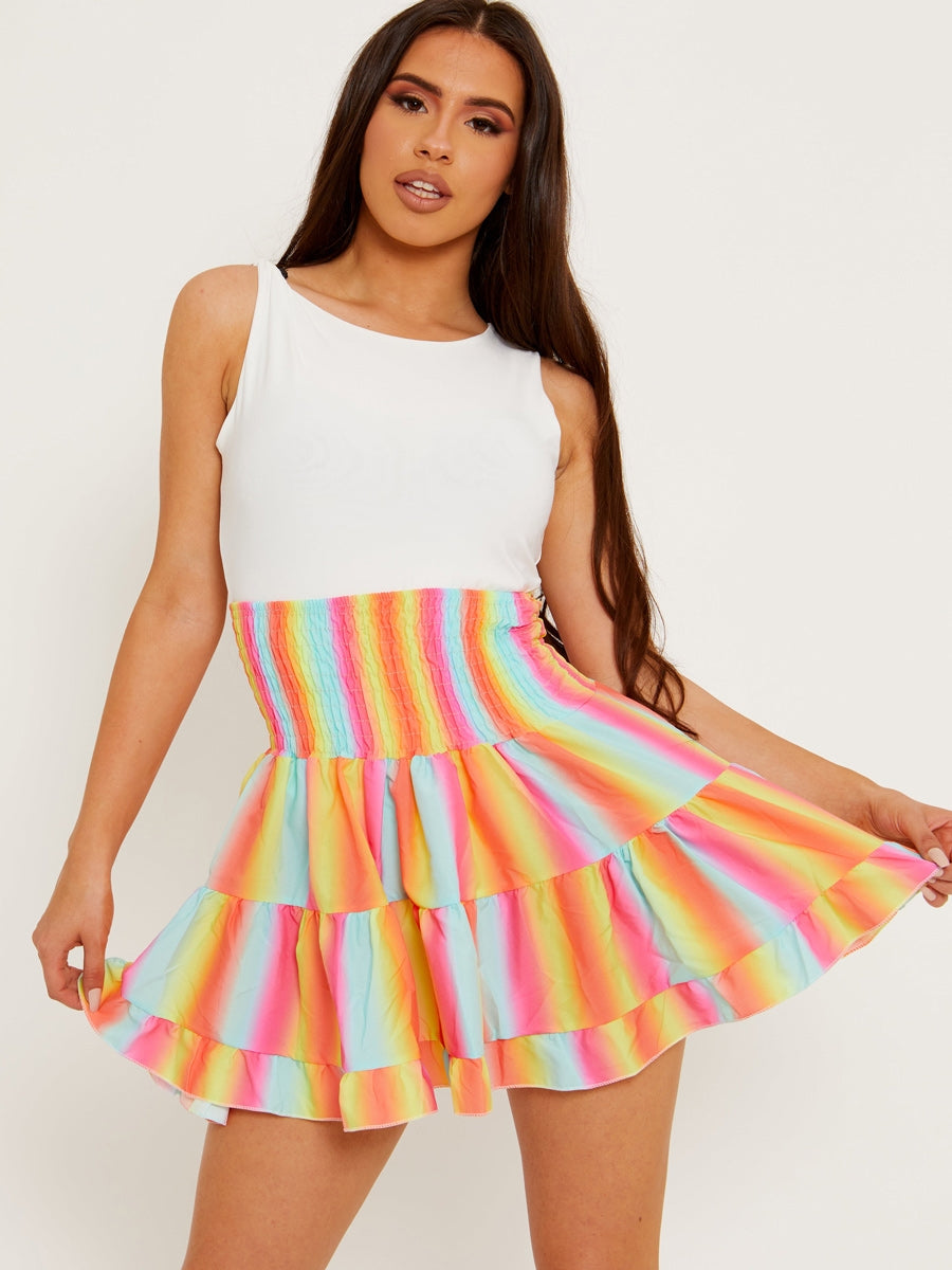 Multi Coloured Shirred Waist Boho Skirt