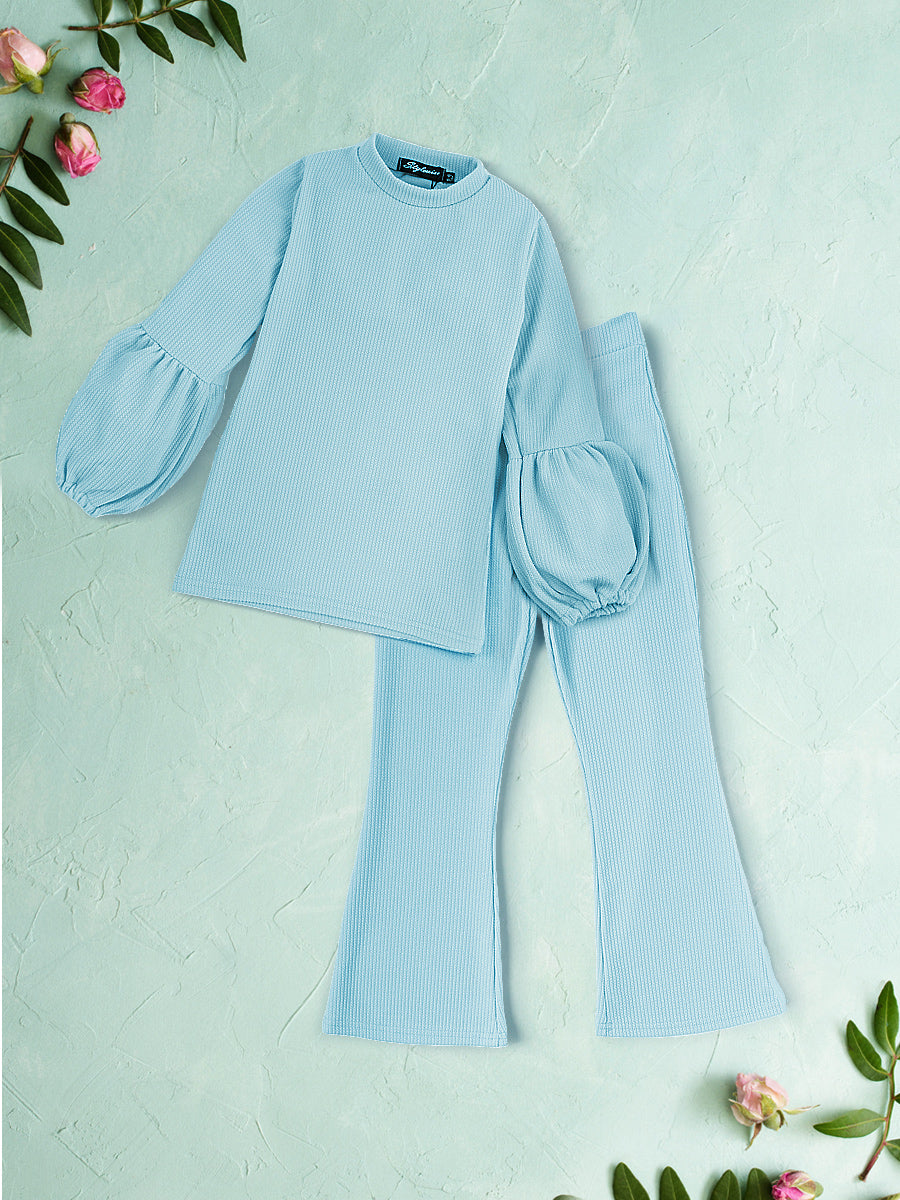 Kids Balloon Sleeve Ribbed Top & Flared Trouser Co-ord