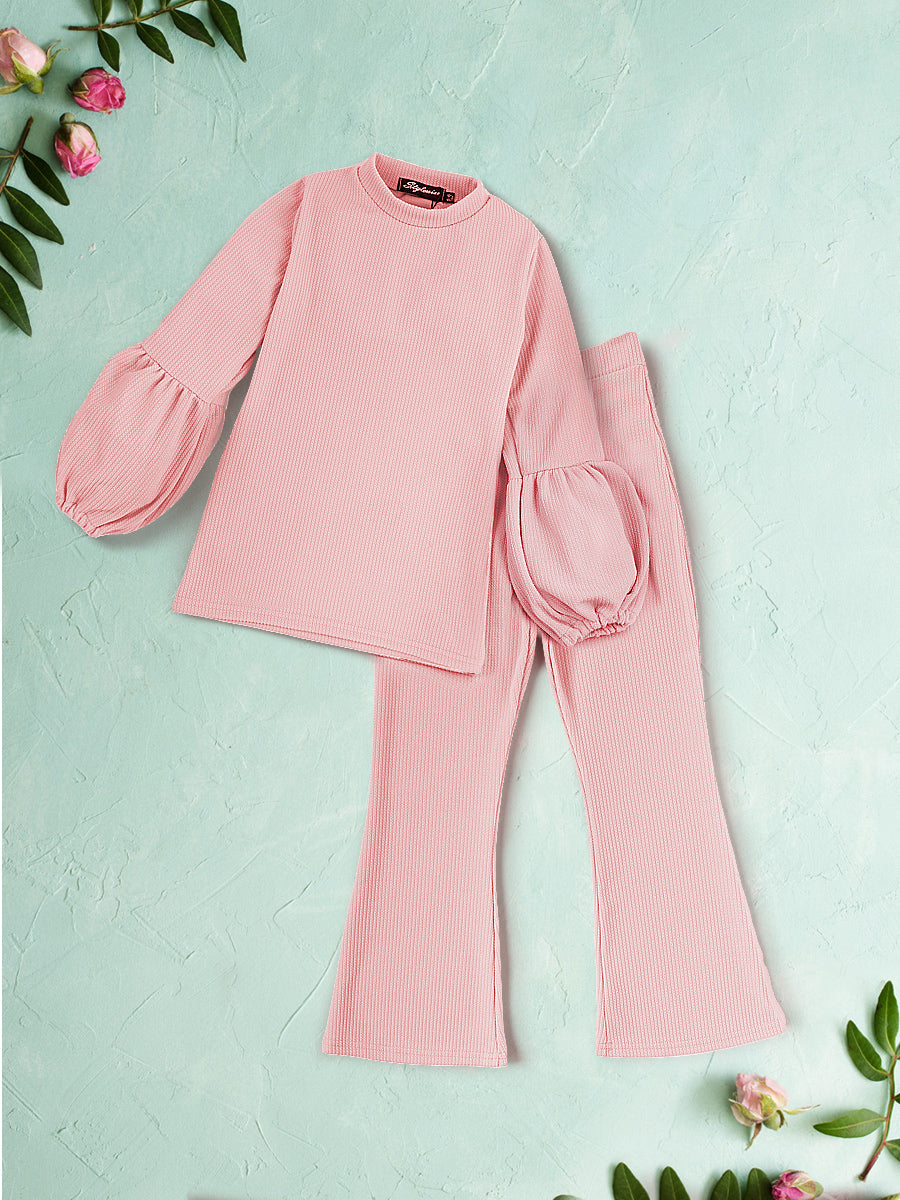 Kids Balloon Sleeve Ribbed Top & Flared Trouser Co-ord