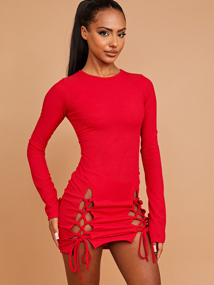 Lace Up Front Ribbed Bodycon Dress
