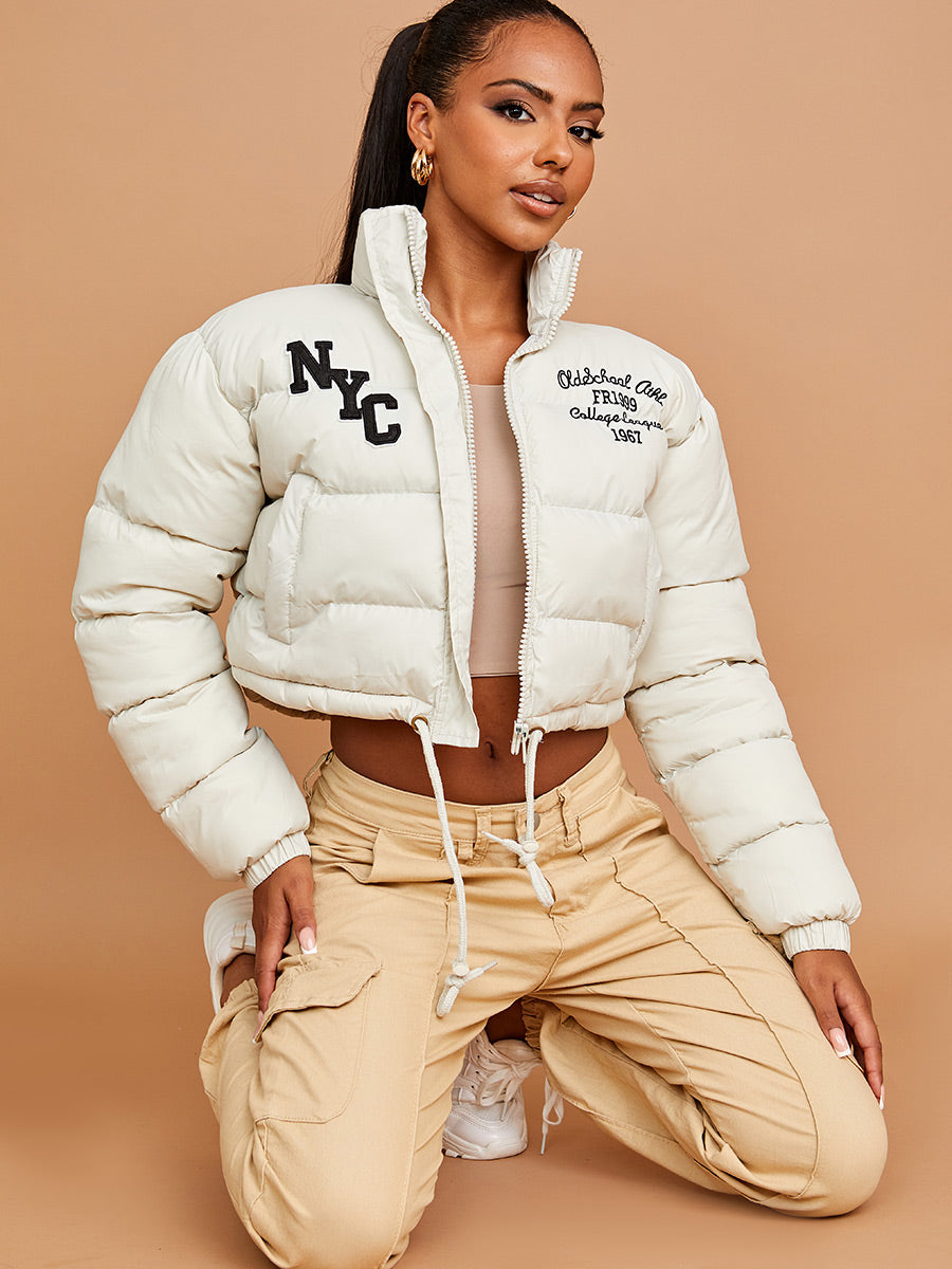 NYC Embroidered Cropped Puffer Jacket