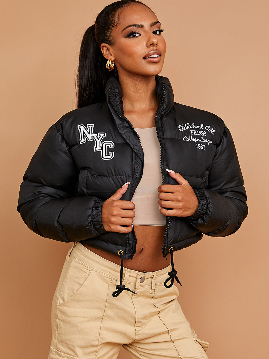 NYC Embroidered Cropped Puffer Jacket