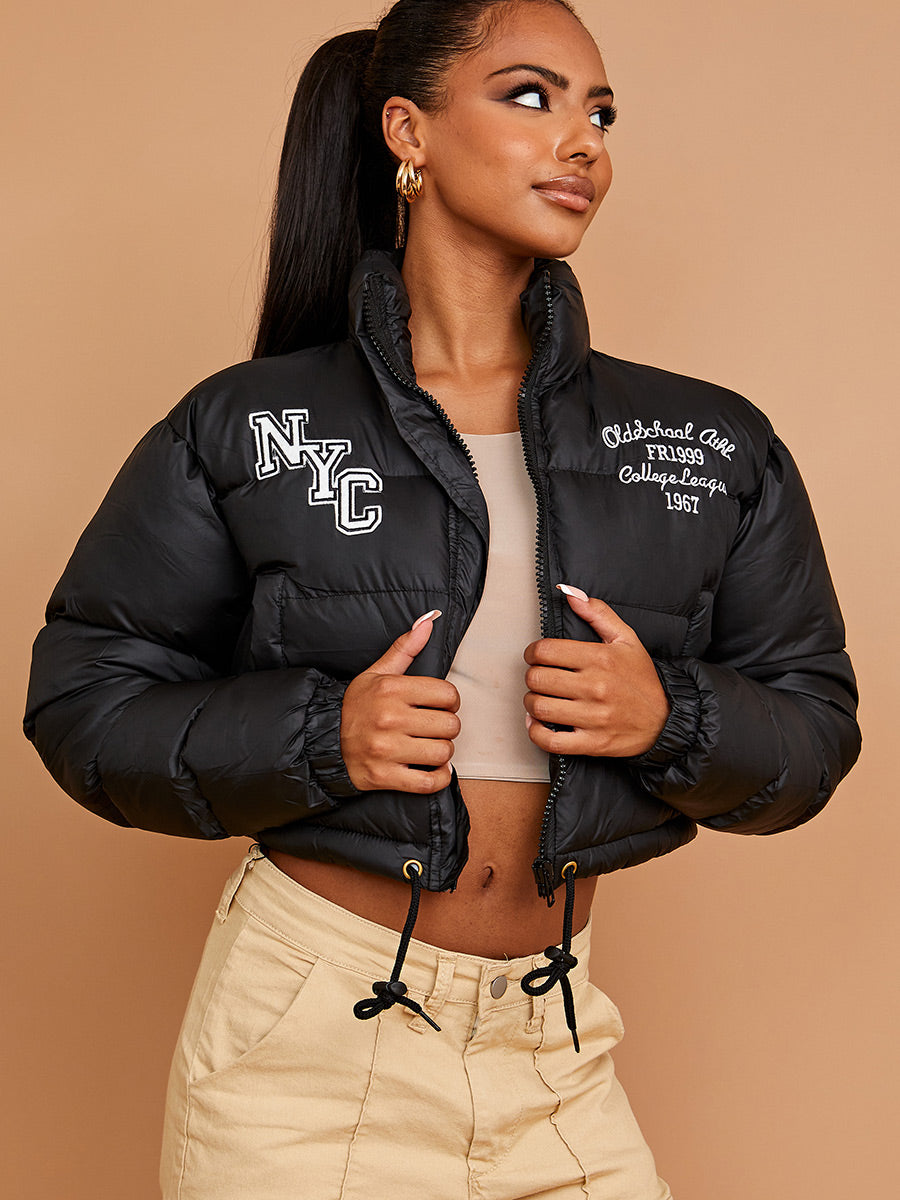 NYC Embroidered Cropped Puffer Jacket