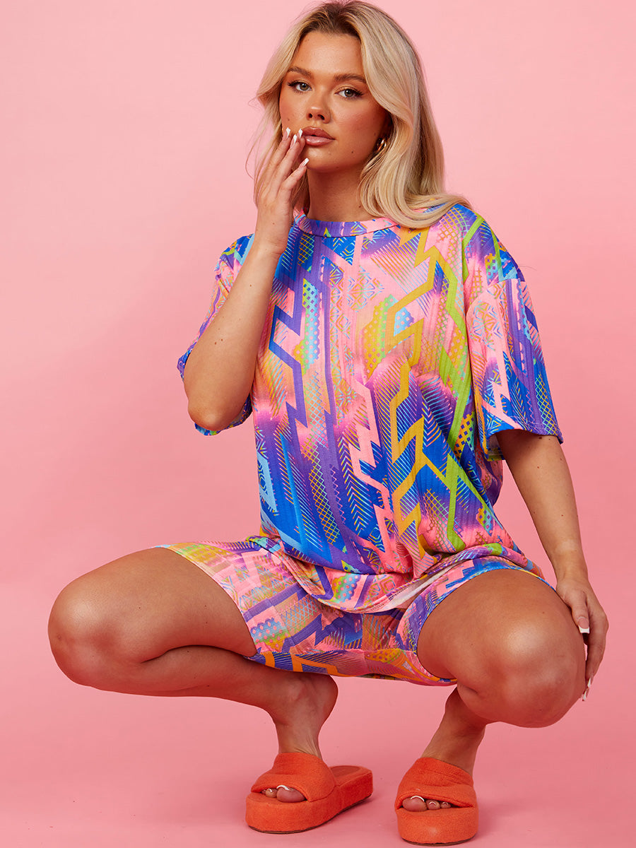 Retro Graphic Printed Oversized Top & Shorts Co-ord