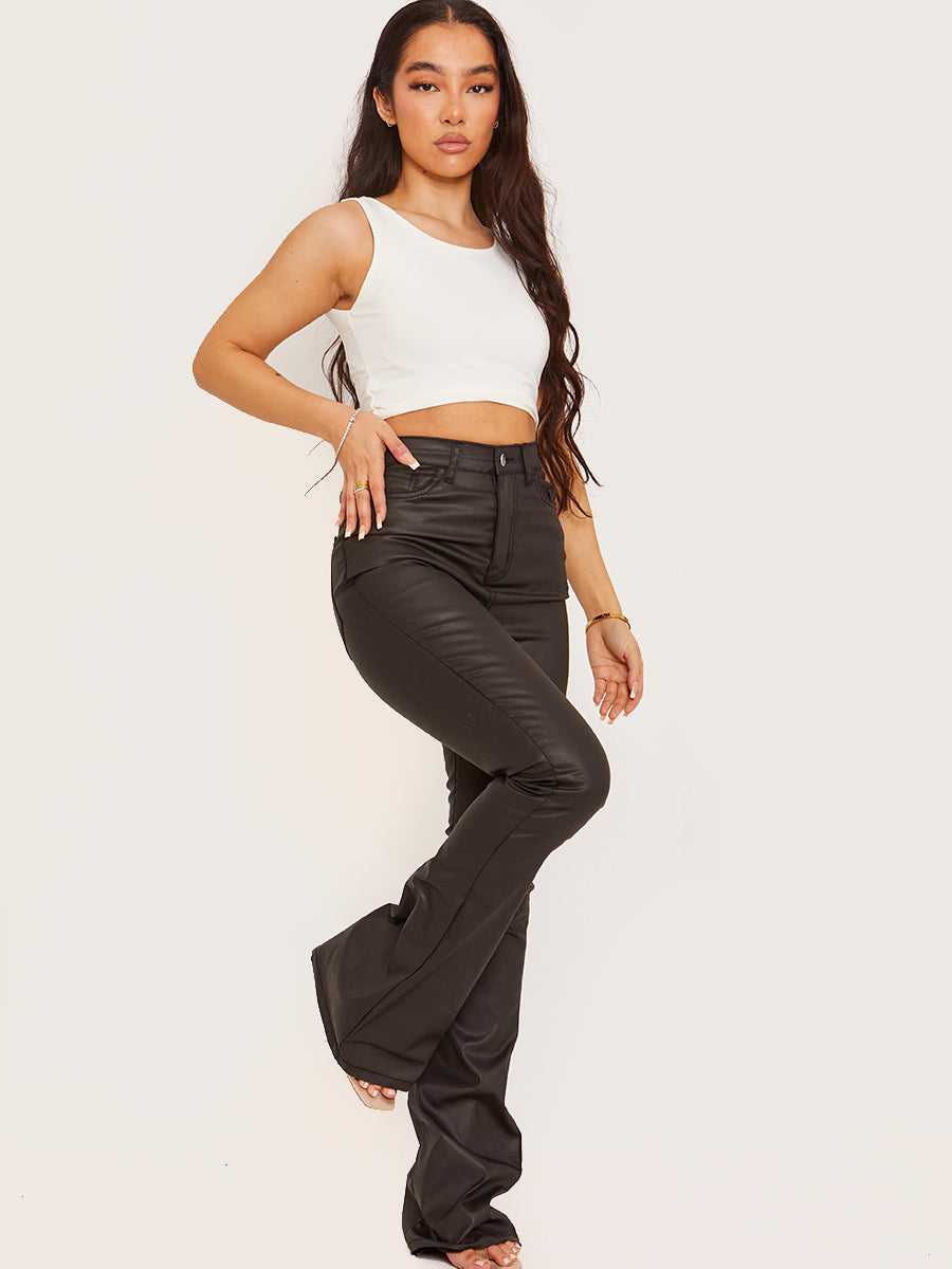 PU Coated Jeans With Flare