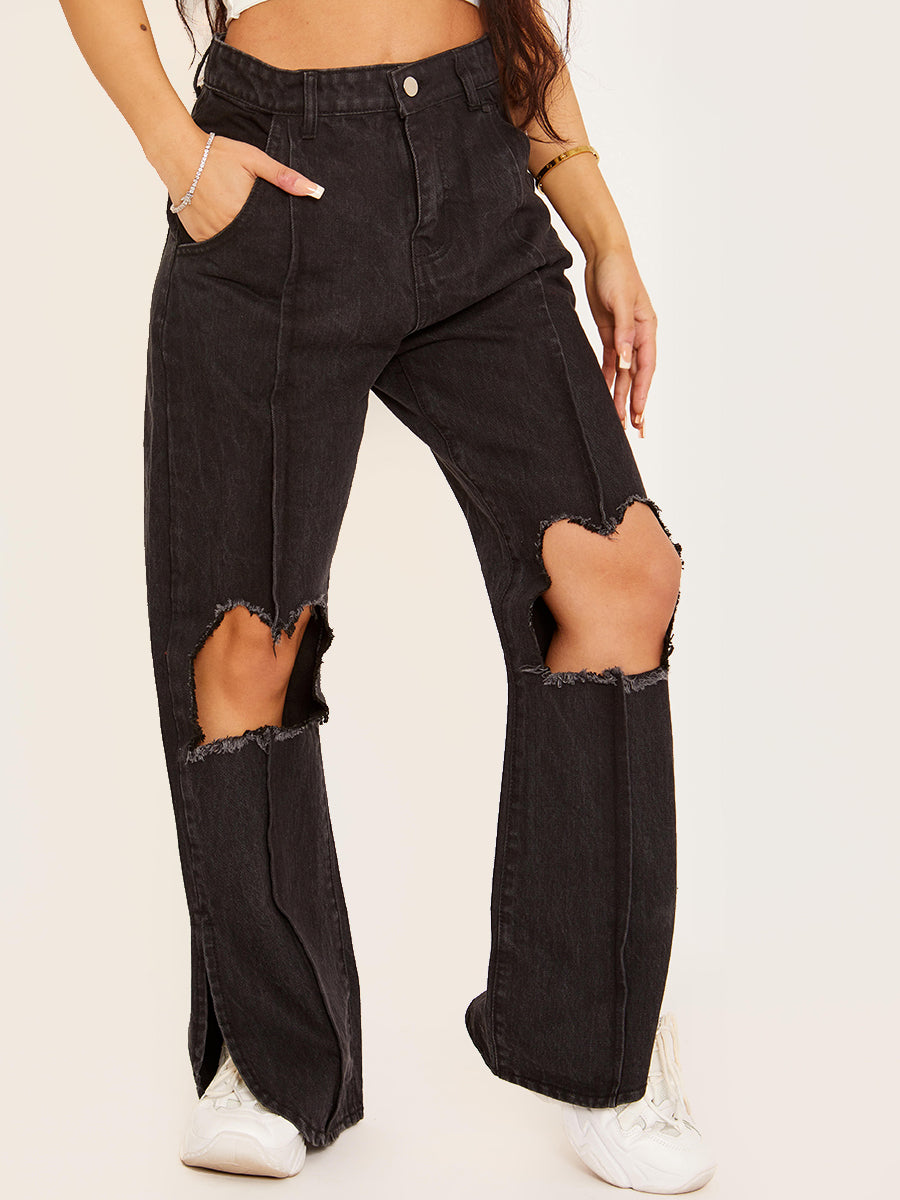 Ripped Knee Split Flapper Jeans