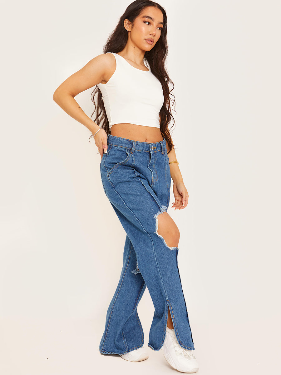 Ripped Knee Split Flapper Jeans