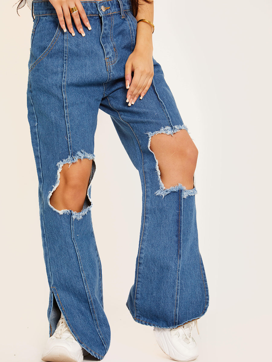 Ripped Knee Split Flapper Jeans