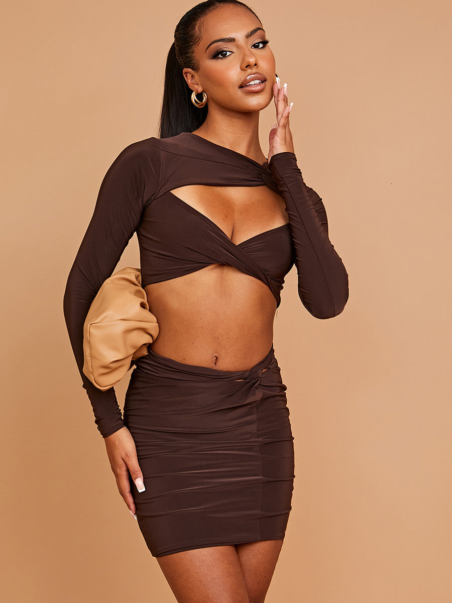 Cut Out Twist Front Crop Top & Skirt Co-ord