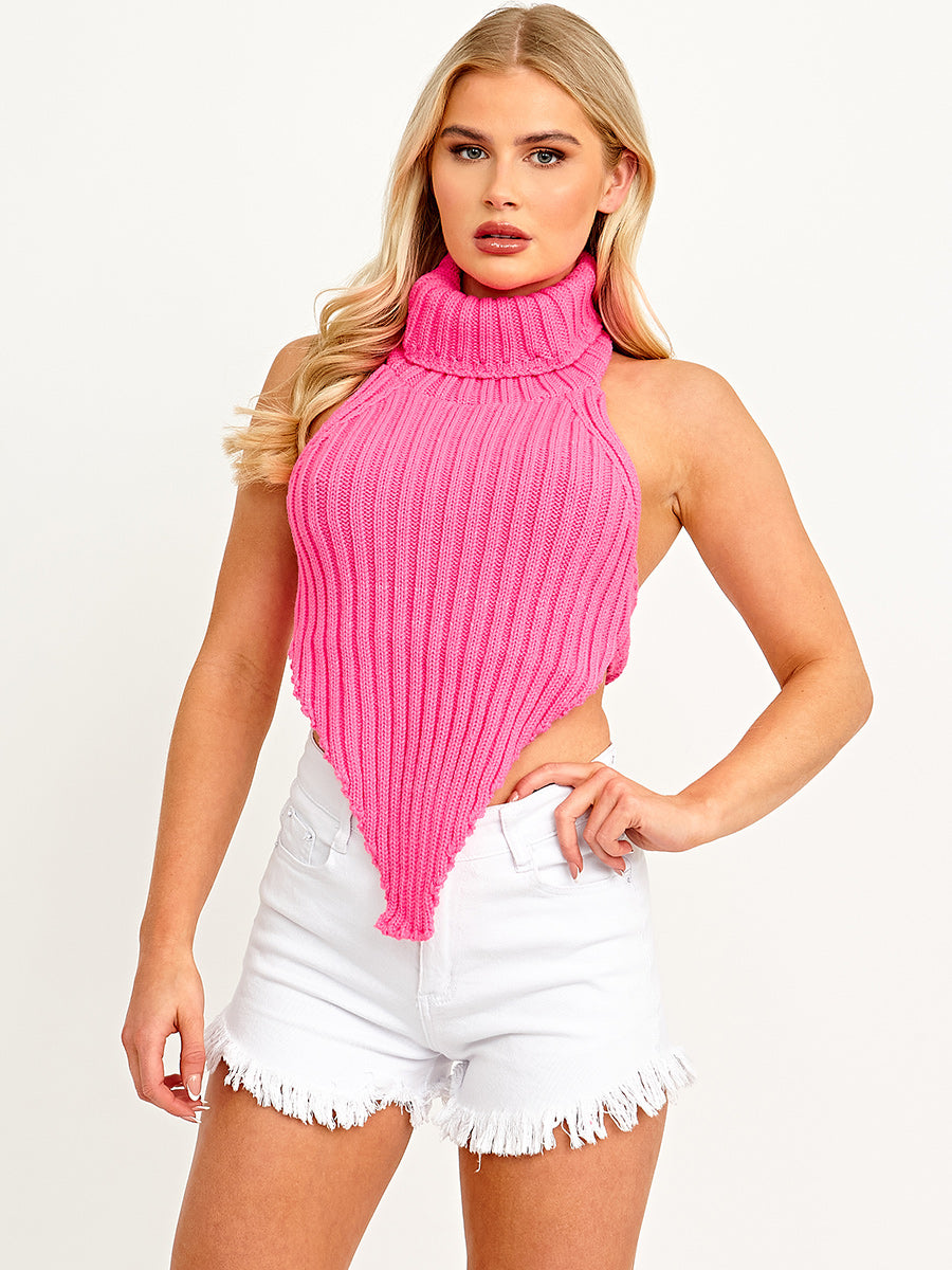 Halter Roll Neck Asymmetric Hem Knitted Crop Top