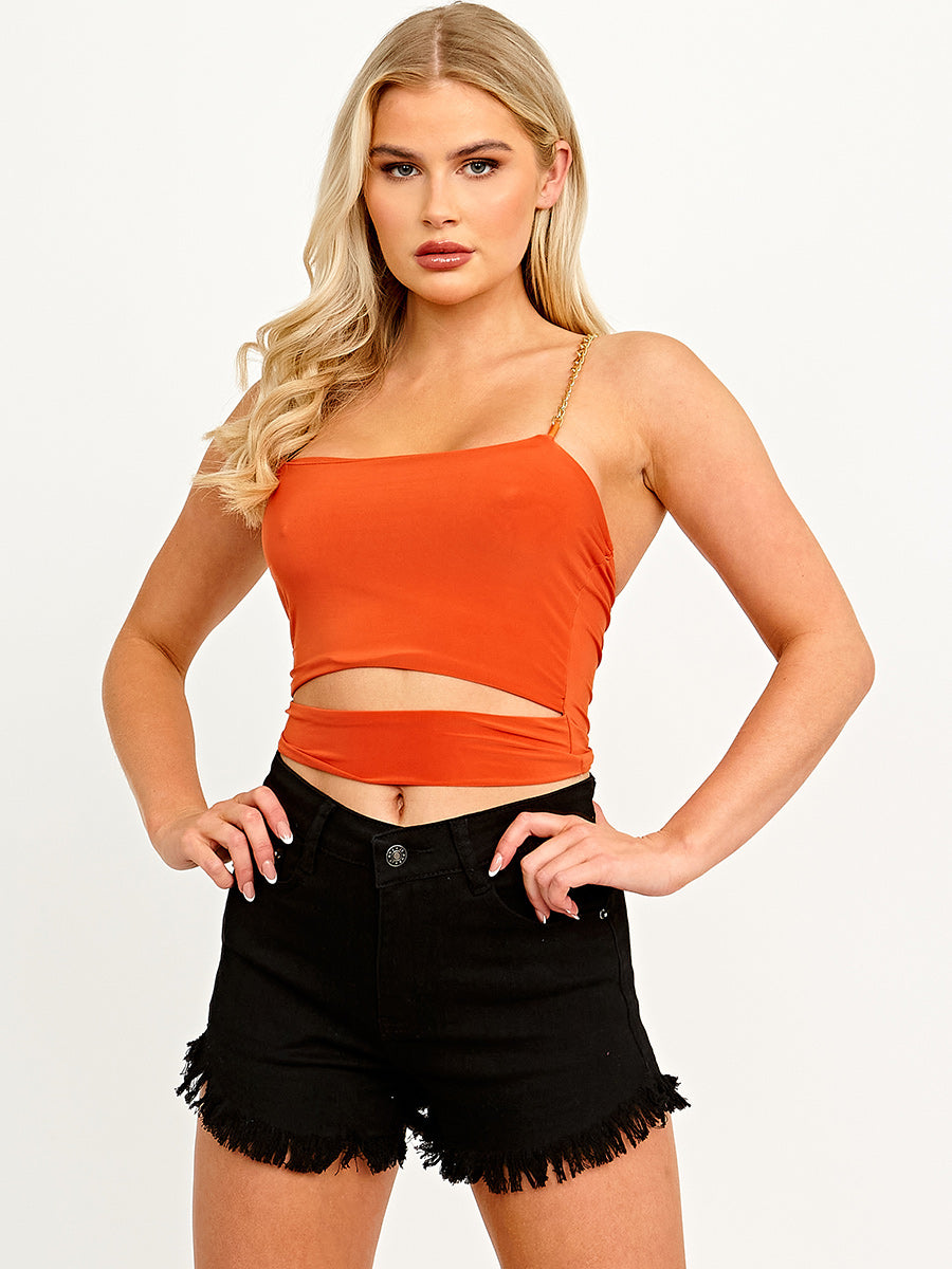 Chain Strap Slinky Crop Top With Cut Out Detail